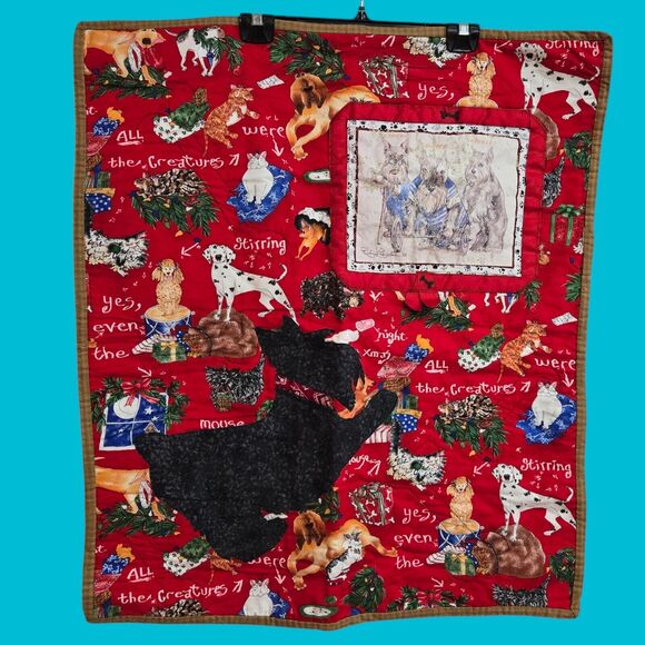 Handmade 1988 Artist Signed Mischievous Dogs Cats Christmas Quilted Wall Hanging - Picture 14 of 14
